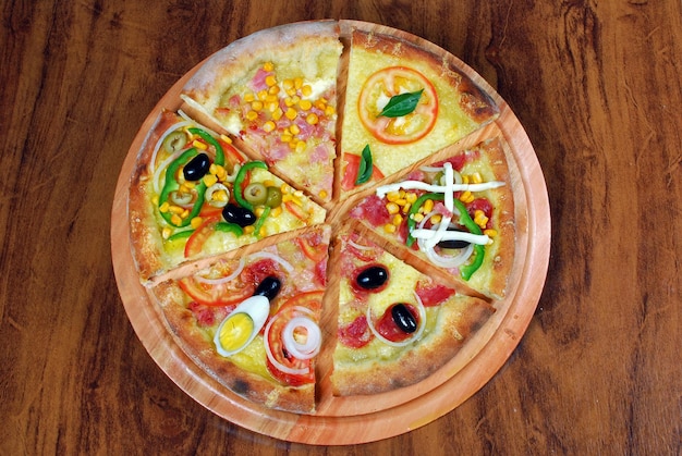 Pizza slices various flavors