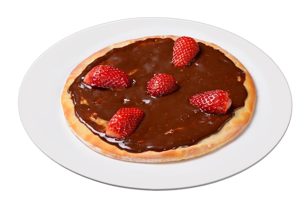 Pizza Small chocolate and strawberry pizza on white plate isolated on transparent background