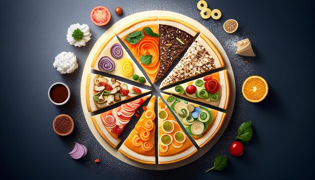 A pizza surrounded by different ingredients including a variety of different foods