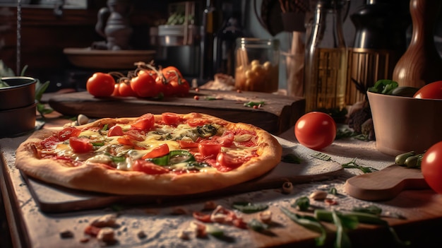 A pizza on a table with a bottle of wine in the background