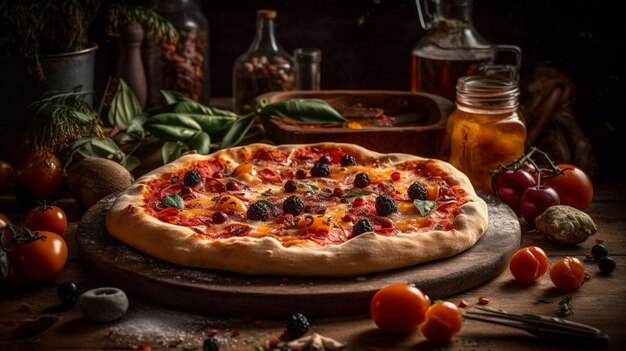 A pizza on a table with a jar of spices and a pizza on it