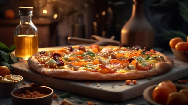 A pizza on a table with a pan of food on it