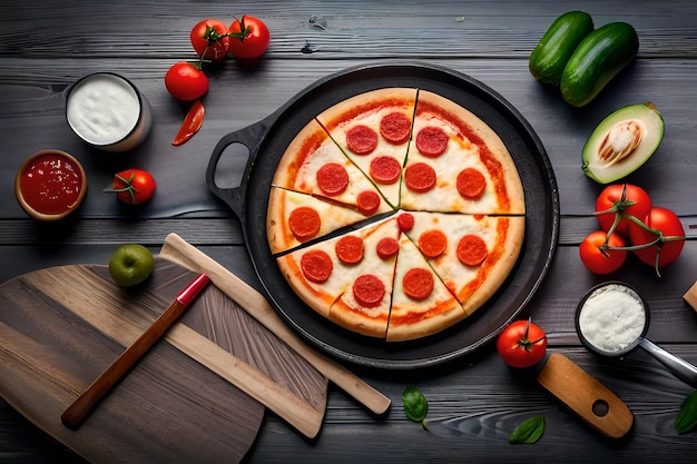 pizza on table with vegetables