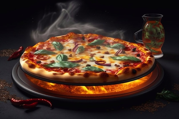 A pizza that is on fire