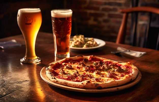 a pizza on top of a table next to a glass of beer