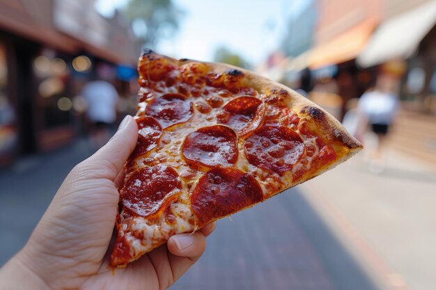 Photo pizza triangle in hand