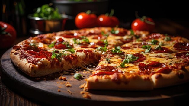 Foto pizza vol met groenten en vlees op een houten tafel met een wazige achtergrond