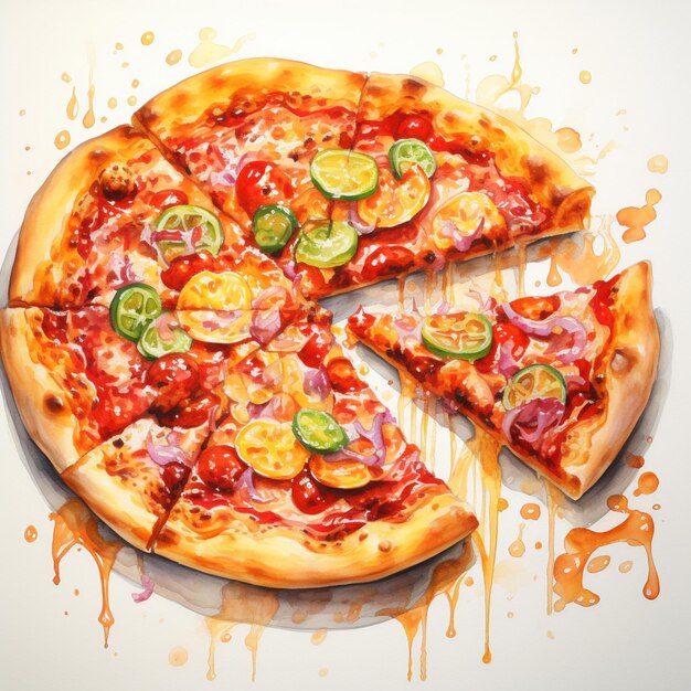 pizza watercolor style on white background food yummy restaurant menu