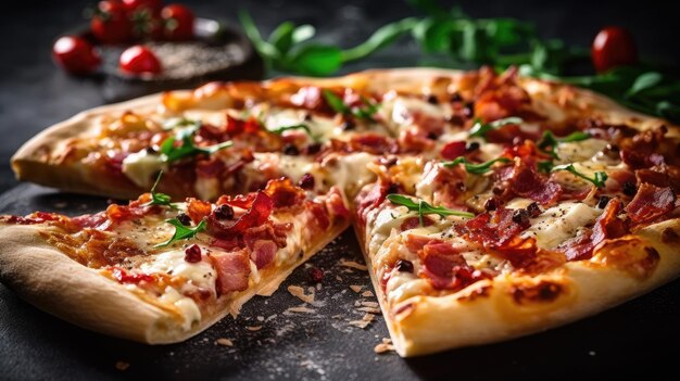 A pizza with bacon and cheese on it