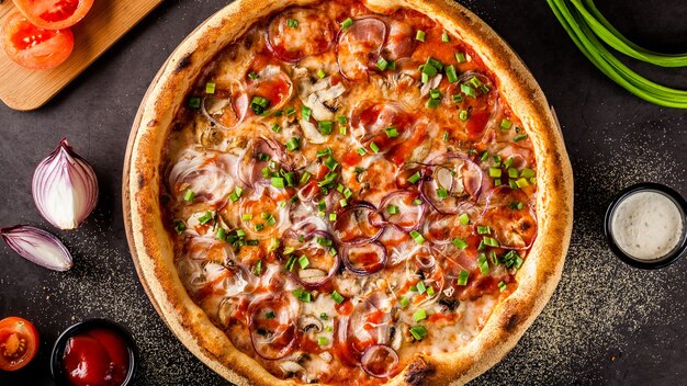 Pizza with bacon and vegetables