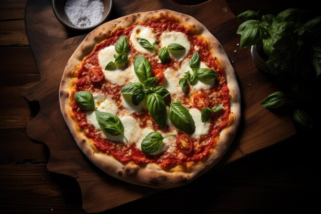木製の背景にバジルチーズとトマトのピザ