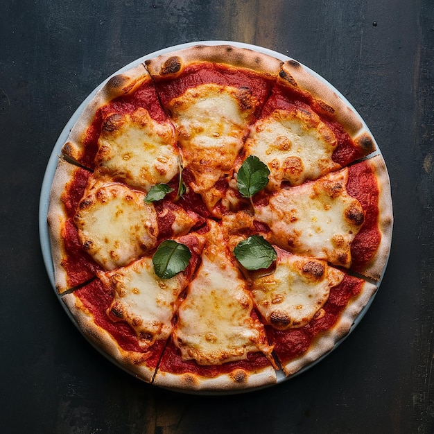 a pizza with basil on it sits on a table