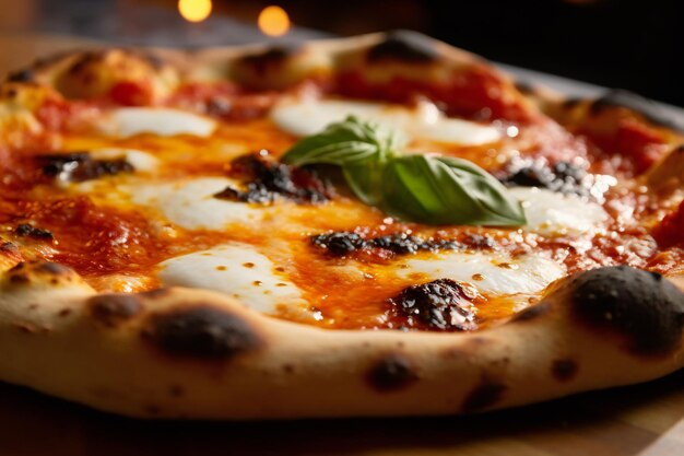 A pizza with a basil leaf on top