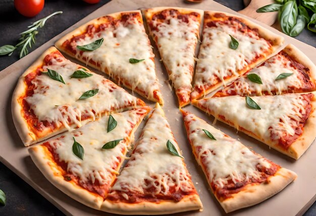 a pizza with basil leaves on it is cut into slices