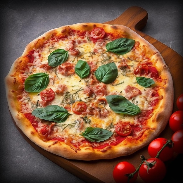 A pizza with basil leaves on it and a pizza on a wooden board.