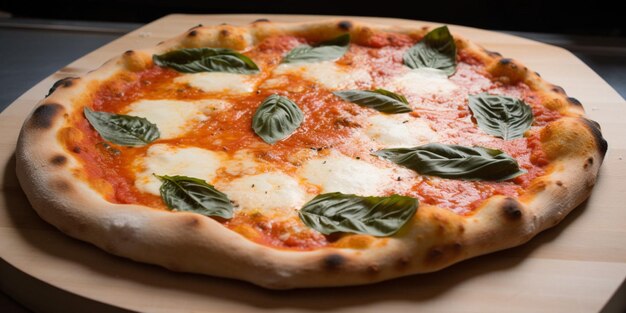 A pizza with basil leaves on it on a wooden board