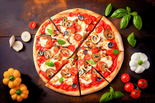 Pizza with basil on a wooden table top view Generative AI Generative AI