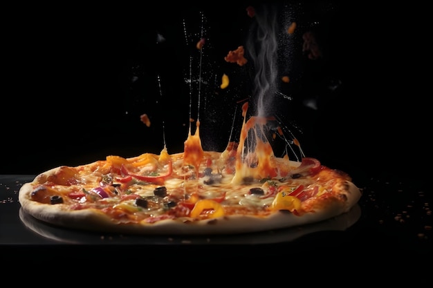 A pizza with a black background