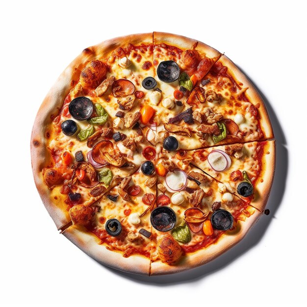 a pizza with a black olive on it and a black olive on the bottom.