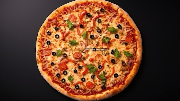 Pizza with a black olive and red pepper on a black background