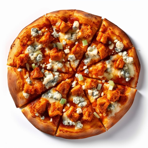 A pizza with a blue cheese topping and a slice of buffalo chicken.
