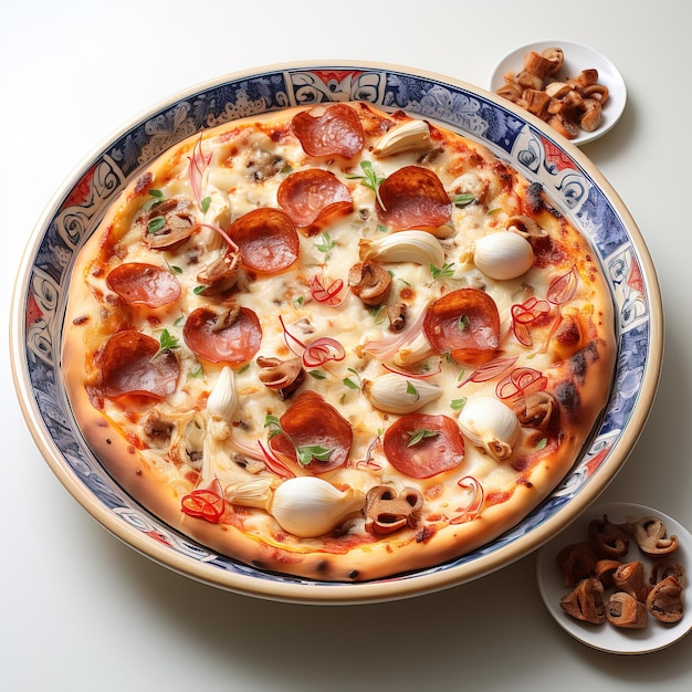 a pizza with a blue and white plate with a blue and white design