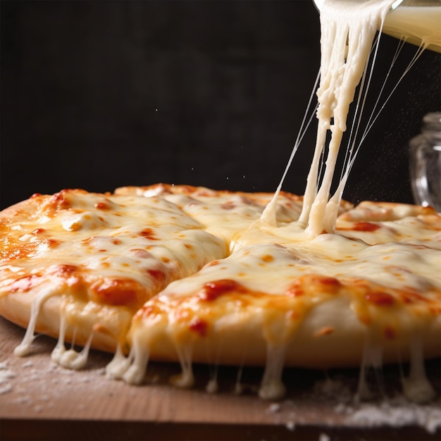 A pizza with cheese and sauce being poured on it.