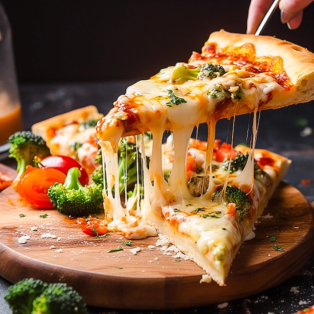 Pizza with cheese tomato and broccoli on wooden board