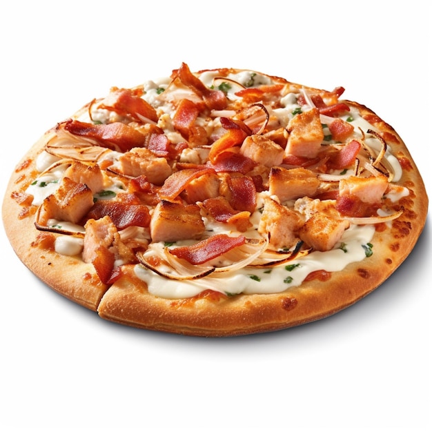 A pizza with chicken and bacon on it