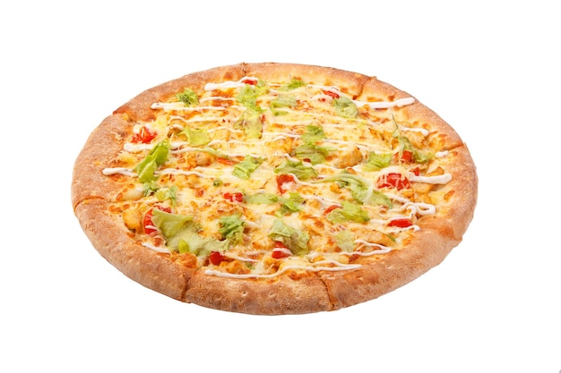 Pizza with Chicken Breast, Pineapple and Mozzarella Cheese. Isolated on white background.