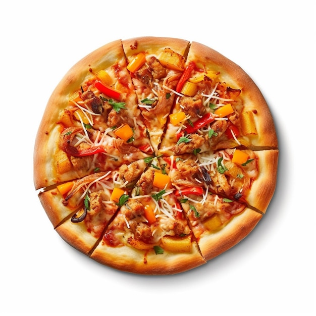 На белом фоне показана пицца с курицей.