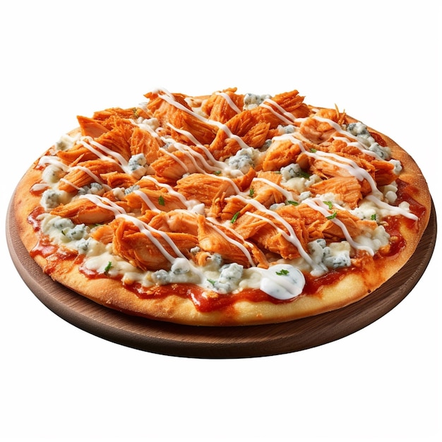 A pizza with chicken on it and a sauce drizzled on it.