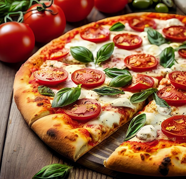 木の背景に鶏肉モッツァレラチーズトマトとオリーブのイタリアンピザのピザ