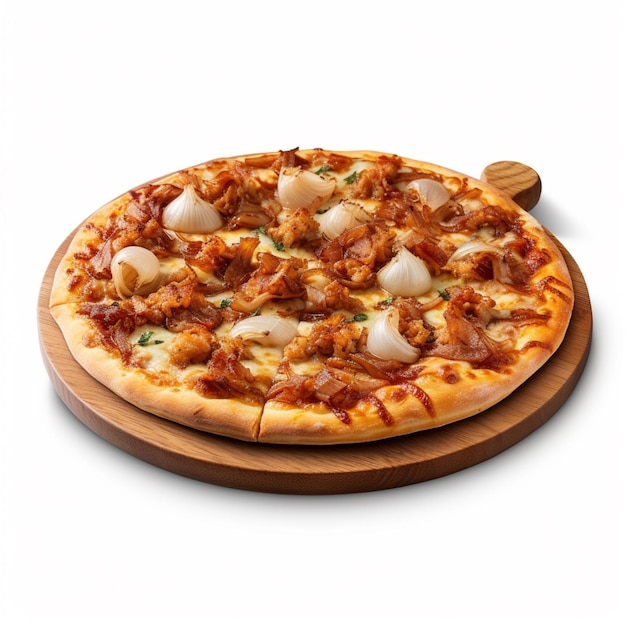 A pizza with chicken and onions on it