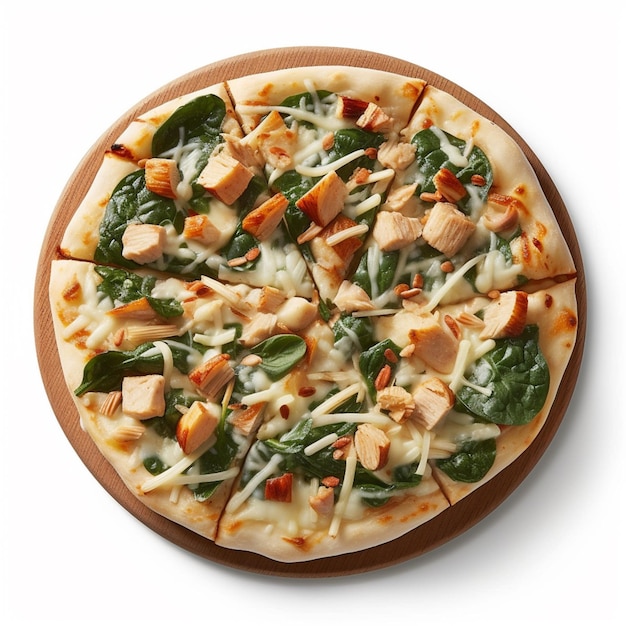 A pizza with chicken and spinach on it