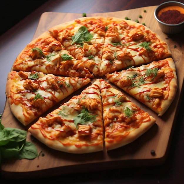 Pizza with chicken and tomato sauce on wooden board closeup