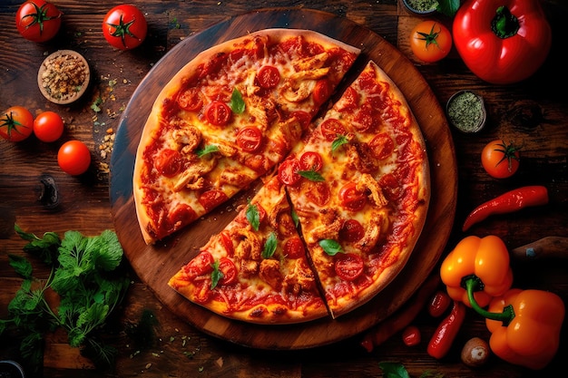 Pizza with chicken and tomatoes in a modern setting Generative AI