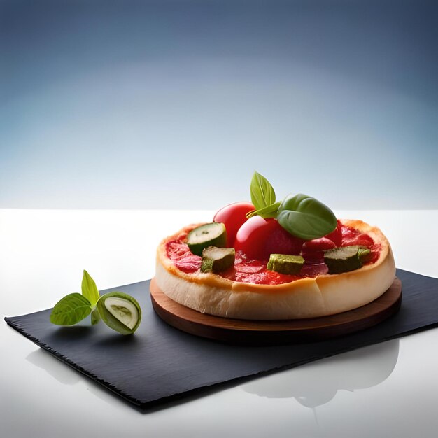 A pizza with cucumber and tomatoes on a cutting board.