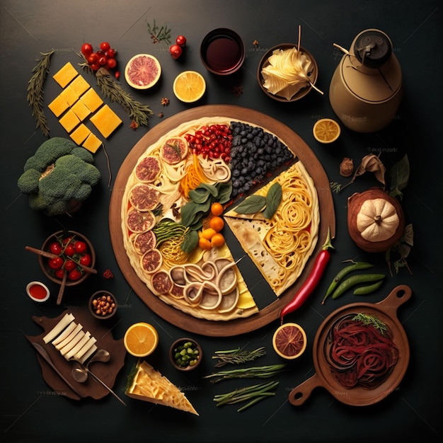 A pizza with different foods on it and a variety of food on the table.