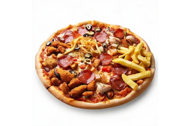 A pizza with different toppings on it and a french fries on the side.