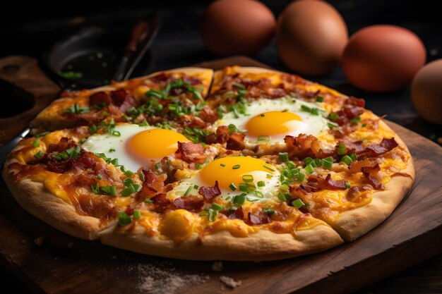 A pizza with eggs on it and bacon on top