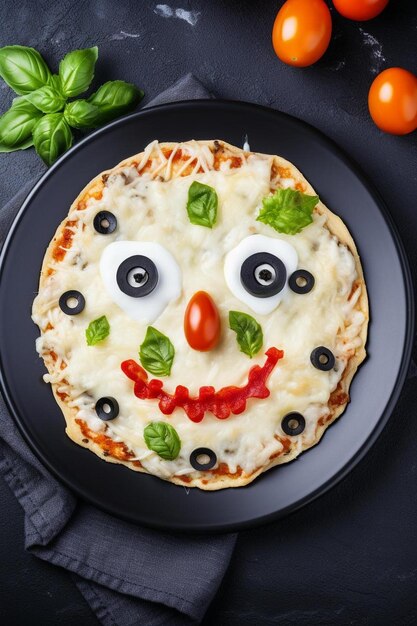 Photo a pizza with a face made of vegetables and a face on it