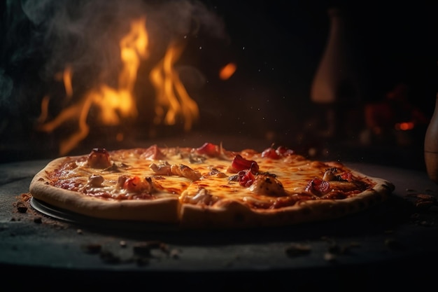 A pizza with a fire in the background