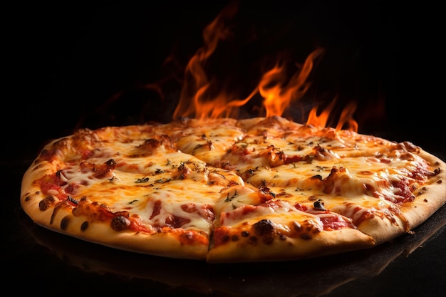 배경에 불이 타고 있는 피자