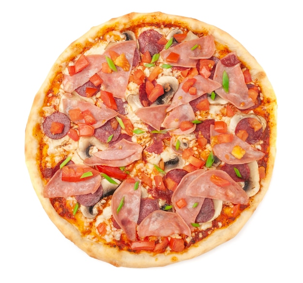 pizza with fresh champignons bacon smoked chicken fillet mozzarella cheese sliced tomato and green onions a piece is cut off from pizza white background isolated closeup view from above