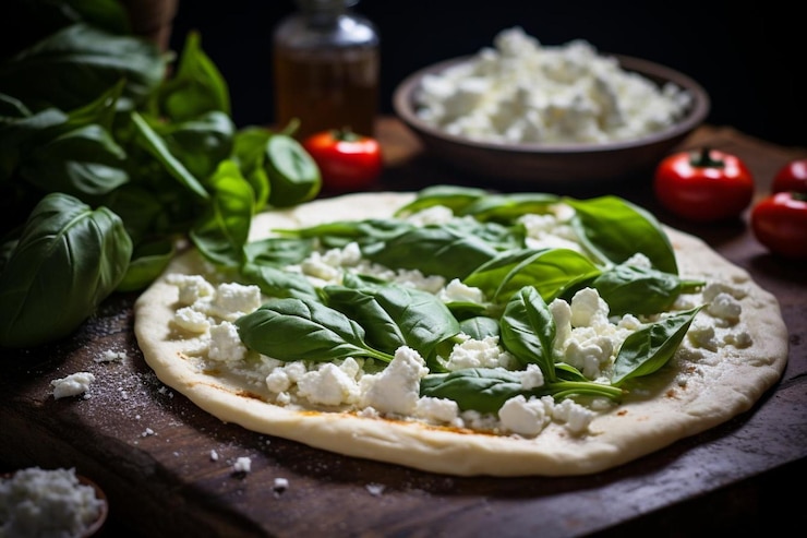 Photo pizza with fresh spinach and ricotta dollops