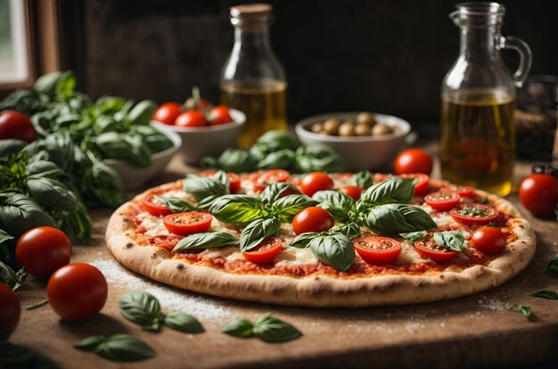 사진 신선 한 토마토 와 바질 잎 을 가진 피자