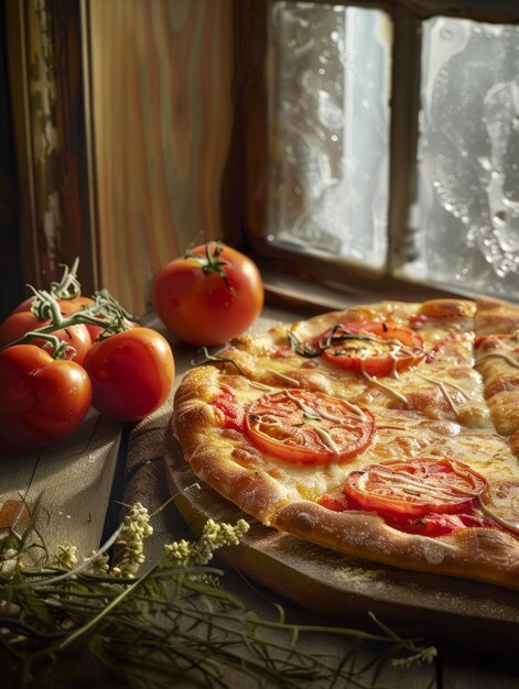 Photo pizza with fresh tomatoes on a wooden table near the window