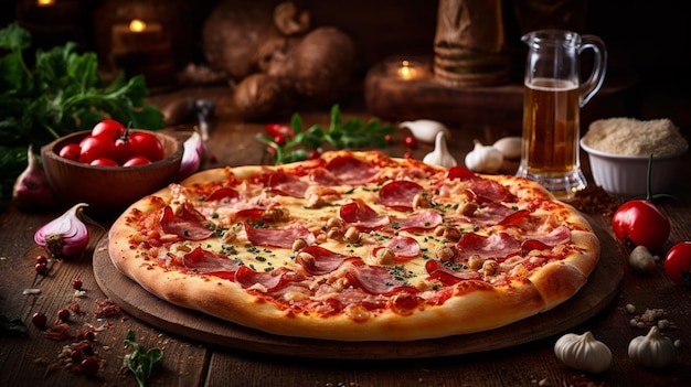 A pizza with a glass of beer on the table