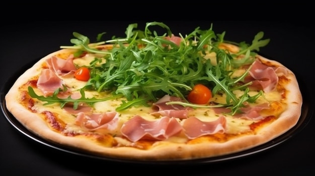 A pizza with ham and cheese on top of it